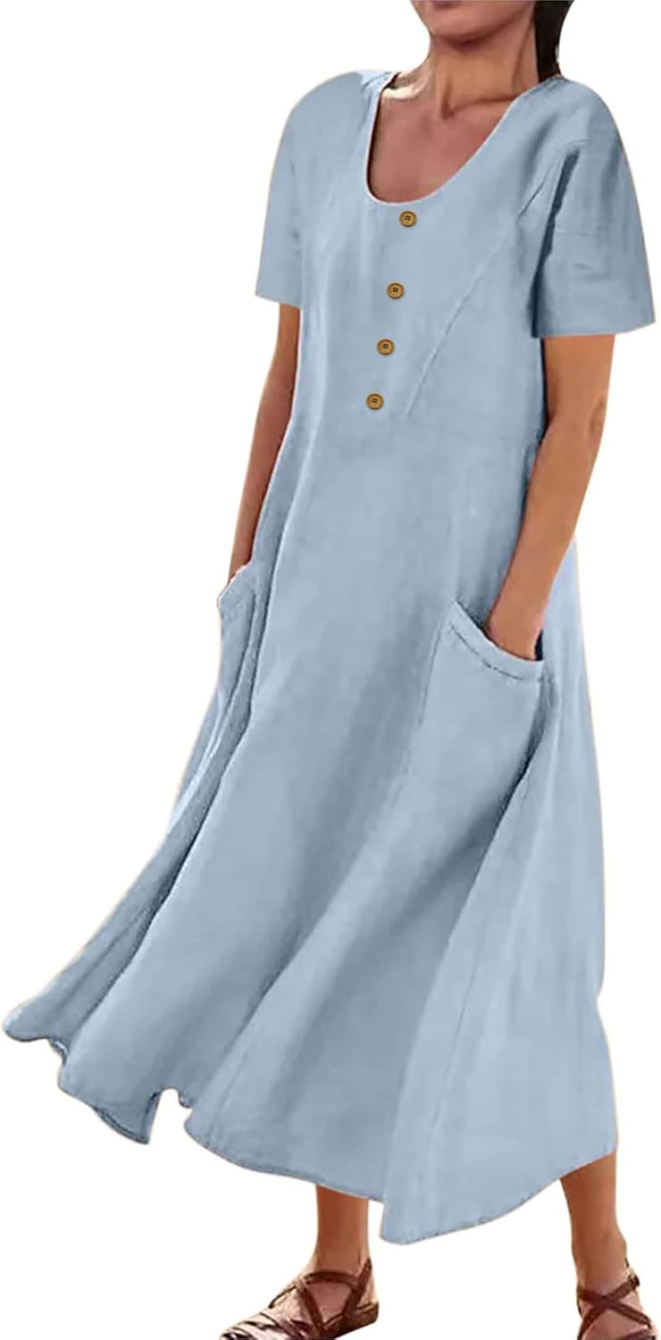 Women's Plus Size Short Sleeve Casual Cotton Linen Long Dress Crew Neck Button Summer Beach Maxi Dress