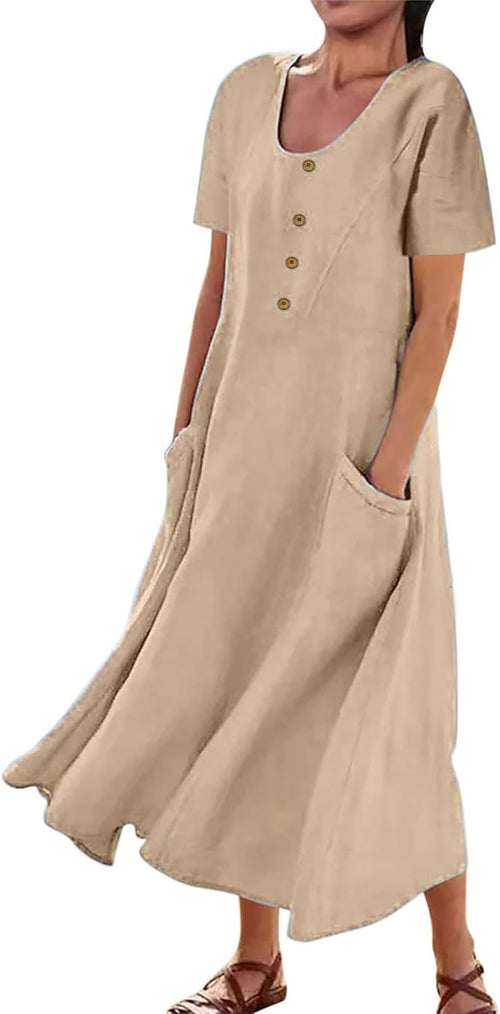 Women's Plus Size Short Sleeve Casual Cotton Linen Long Dress Crew Neck Button Summer Beach Maxi Dress